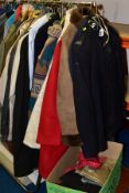 A QUANTITY OF LADIES AND GENTS CLOTHING AND HATS, ETC, including a Burberry navy blue long length