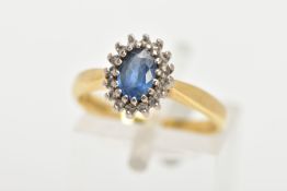 AN 18CT GOLD CLUSTER RING, centring on an oval cut blue stone assessed as sapphire and sixteen