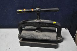 A VINTAGE FOOLSCAP PAPER PRESS, cast iron in construction, overall dimension width 55cm x depth 28cm