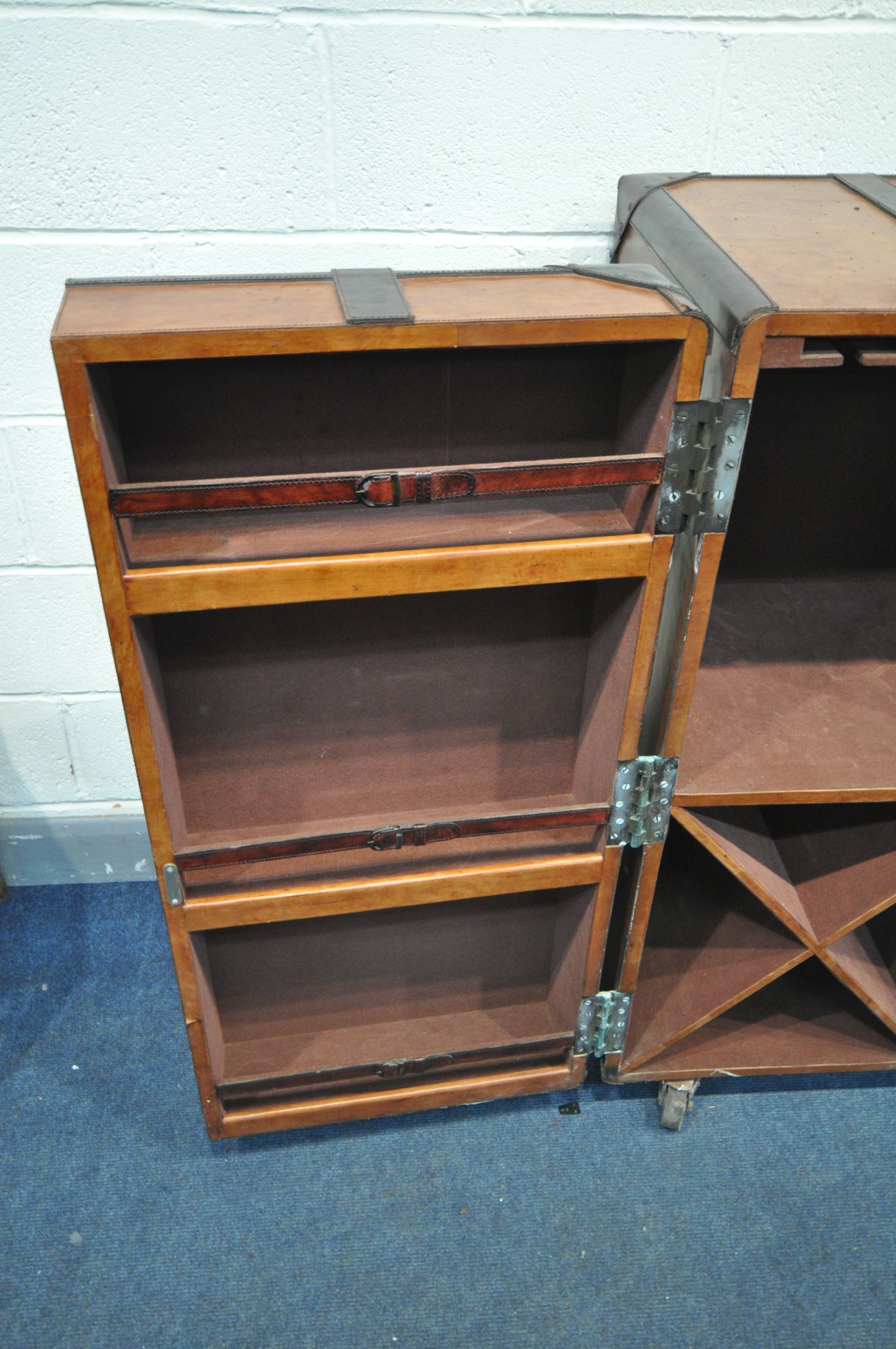 A BROWN LEATHER WRAPPED COCKTAIL CABINET, possibly made by 'Coach house', the two door enclosing - Image 5 of 10