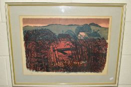 ROBERT TAVENER (BRITISH 1929-2004) 'EVENING DOWNSCAPE, a limited edition linocut print 12/25,