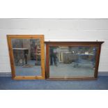 A MAHOGANY OVERMANTEL MIRROR, 146cm x 104cm, and a pine wall mirror (2) (condition:-distressed