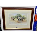 A GROUP OF DAVID SHEPHERD PRINTS AND PLATES, comprising a framed 'Kilaguni Babies' baby elephants,