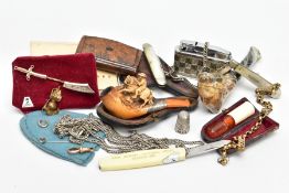 A BAG OF ASSORTED ITEMS, to include a Stratton tie clip, a meerschaum pipe and meerschaum cheroot