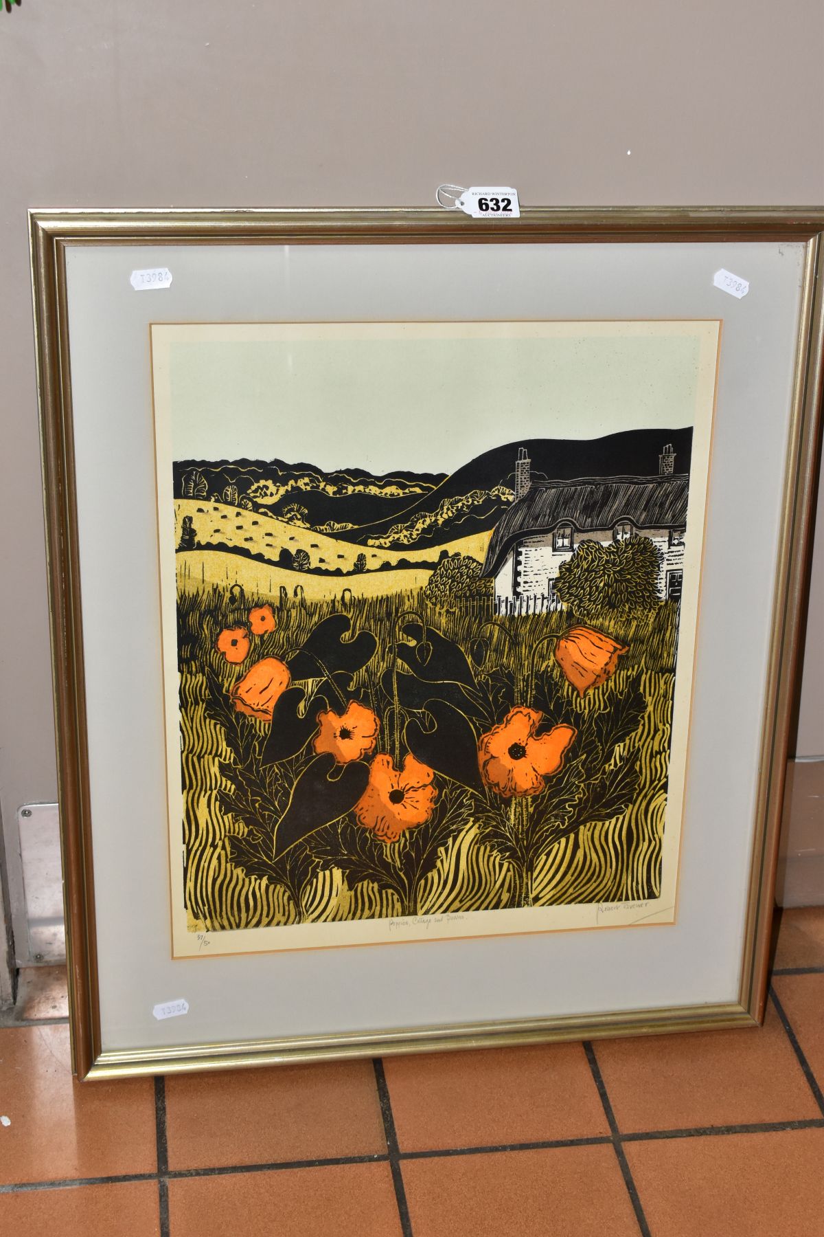 ROBERT TAVENER (BRITISH 1920-2004) 'POPPIES, COTTAGE AND DOWNS', a limited edition linocut print