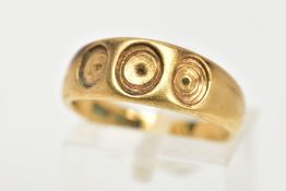 A YELLOW METAL RING, a tapered polished band, approximate dimensions width 7mm to 3mm, three