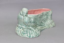 A CLARICE CLIFF FOR NEWPORT POTTERY BUDGERIGAR PLANTER, in green and pink, featuring a pair of