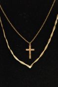 A 9CT GOLD ARTICULATED NECKLACE AND A PENDANT WITH CHAIN, flat herring bone plaited V-shape necklace