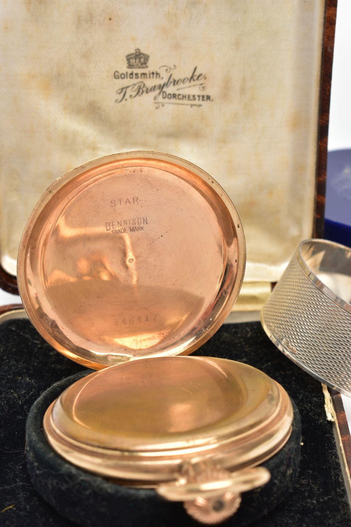 A GOLD-PLATED HALF HUNTER POCKET WATCH AND A SILVER NAPKIN RING, round white dial signed ' - Image 4 of 6