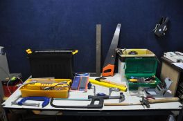 A PLASTIC TOOLBOX AND A BOX CONTAINING HAND TOOLS including a Draper G clamp, sharpening stone,