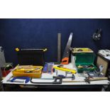 A PLASTIC TOOLBOX AND A BOX CONTAINING HAND TOOLS including a Draper G clamp, sharpening stone,