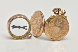 A YELLOW METAL COMPASS PENDANT AND LOCKET, a round locket, approximate width 21mm, detailed with