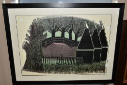 ROBERT TAVENER (BRITISH 1920-2004) 'TREES AND OAST HOUSES (No4)', a limited edition linocut print