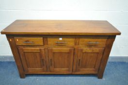 A STAINED OAK SIDEBOARD, with three drawers, width 150cm depth 49cm x height 92cm