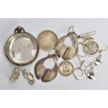 A BAG OF ASSORTED SILVER AND WHITE METAL ITEMS, to include a silver open face pocket watch case,