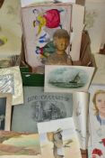 A BOX CONTAINING A DAMAGED POTTERY BUST OF A YOUNG BOY, A FOLDER OF DRAWINGS, PAINTINGS AND