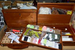 TWO WOODEN CASES OF FLY TYING EQUIPMENT AND MATERIALS, to include assorted tools, threads, yarns,
