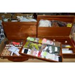 TWO WOODEN CASES OF FLY TYING EQUIPMENT AND MATERIALS, to include assorted tools, threads, yarns,