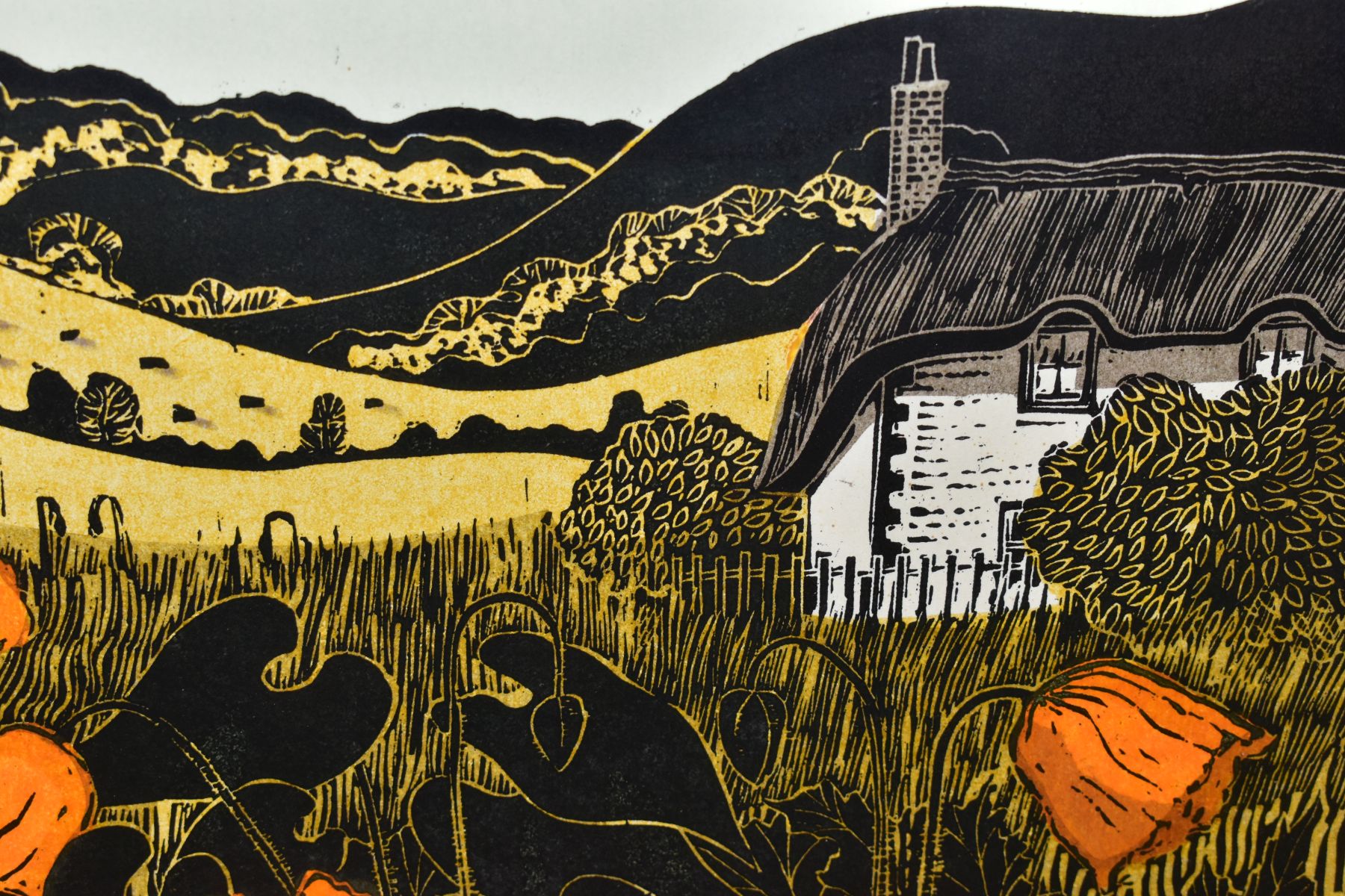 ROBERT TAVENER (BRITISH 1920-2004) 'POPPIES, COTTAGE AND DOWNS', a limited edition linocut print - Image 3 of 5