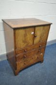 A GEORGIAN OR LATER FLAME MAHOGANY TWO DOOR CABINET, over three drawers, width 64cm x depth 47cm x