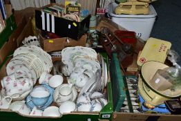 FIVE BOXES AND LOOSE CERAMICS, GLASS, SUNDRY ITEMS ETC, to include Grafton china part tea set, other