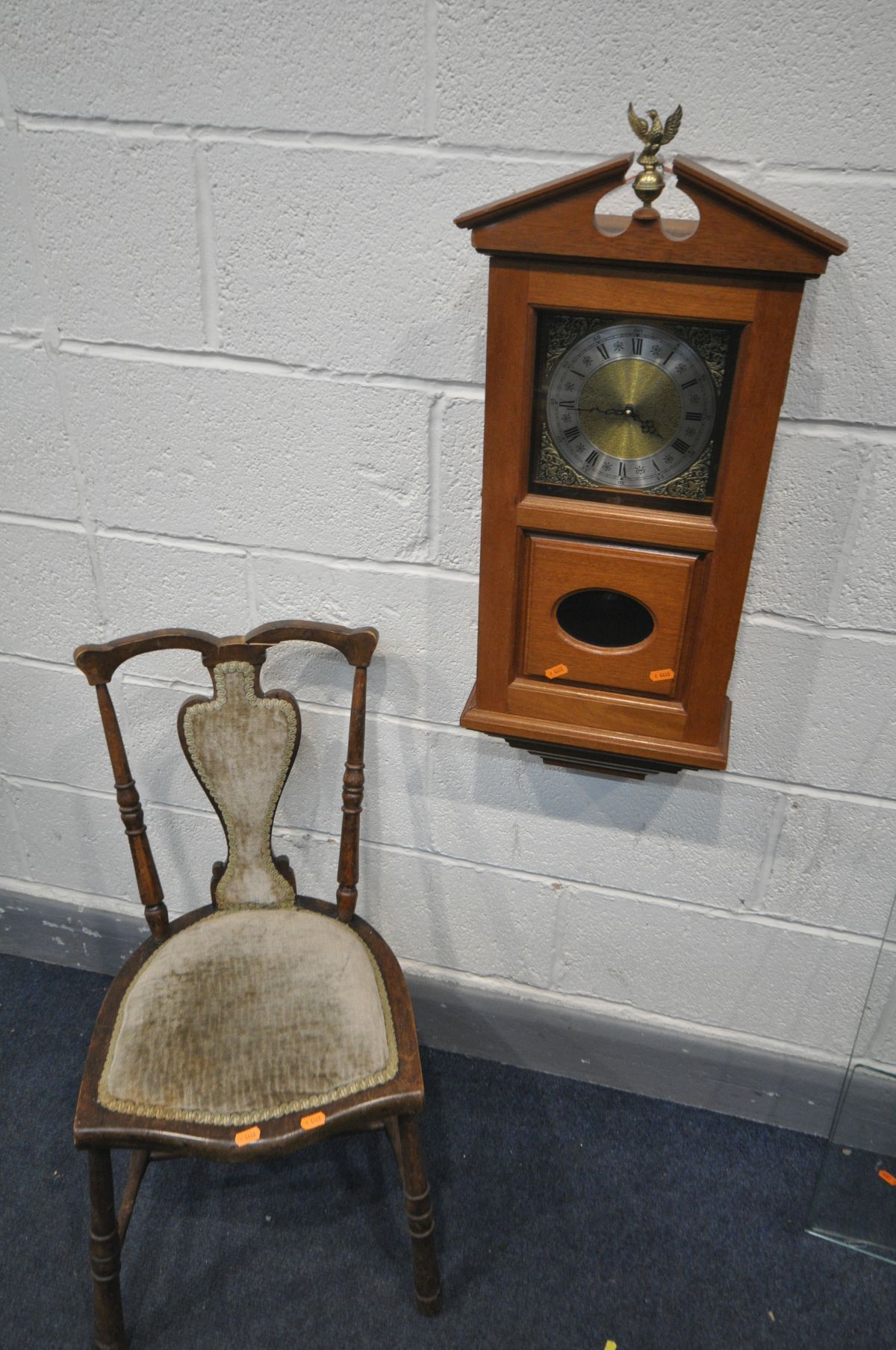 A LATE 20TH MAHOGANY WALL CLOCK (pendulum) and a beech chair (2)