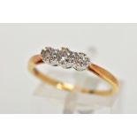 AN 18CT GOLD THREE STONE DIAMOND RING, three round brilliant cut diamonds, approximate gross