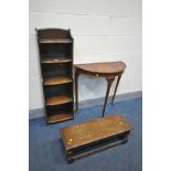 A SLIM OAK OPEN BOOKCASE, height 105cm, a long oak coffee table and a walnut demi lune table (3)