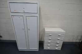 A WHITE TWO DOOR WARDROBE, width 85cm x depth 41cm x height 184cm, and a painted chest five