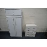 A WHITE TWO DOOR WARDROBE, width 85cm x depth 41cm x height 184cm, and a painted chest five