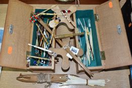 TWO WOODEN BOXES OF LACE MAKING BOBBINS, including bone, wooden, plastic, printed and painted