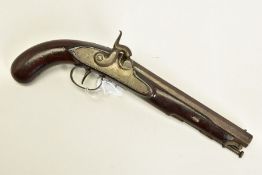 AN ANTIQUE 25 BORE PERCUSSION CAVALRY PISTOL, with a smooth bore 8½'' barrel fitted with a swivel