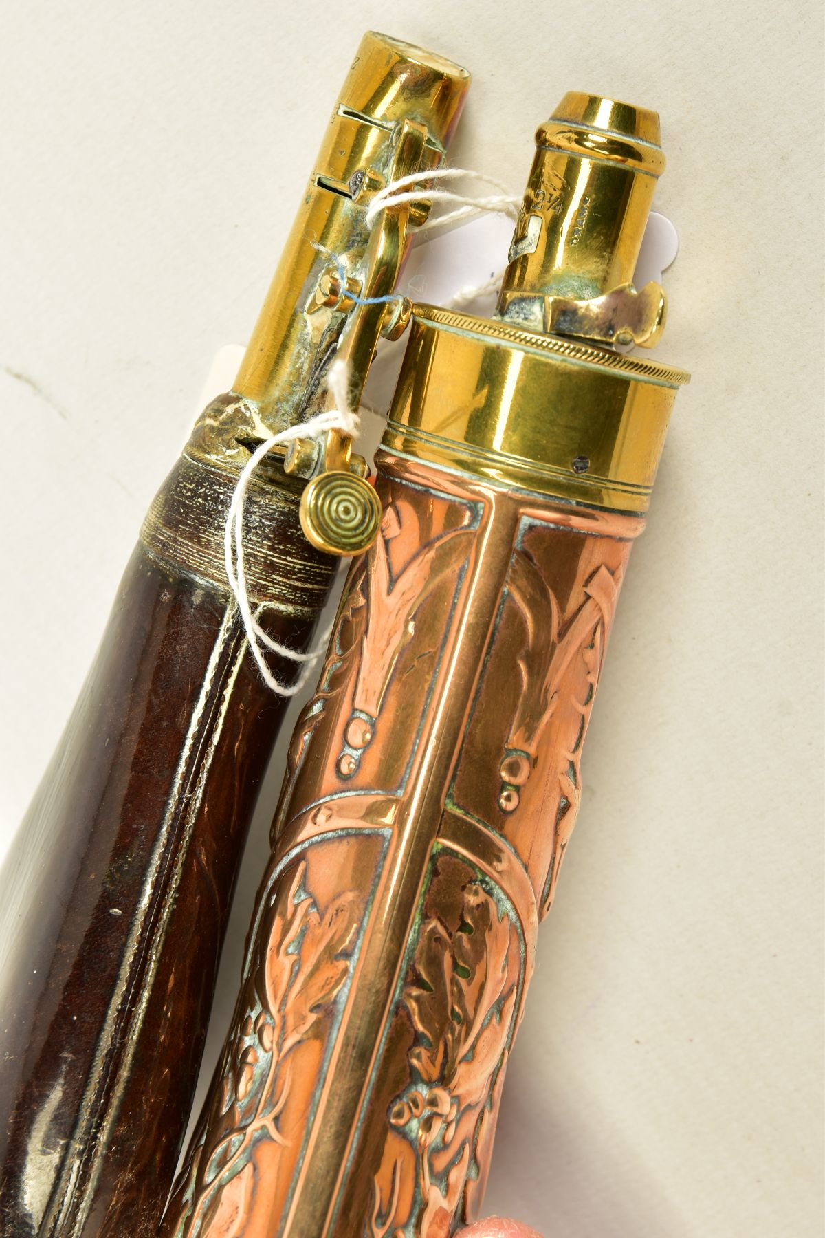 A LEATHER SHOT FLASK, where its brass adjustable nozzle has been glued to the leather shot bag and - Image 5 of 5