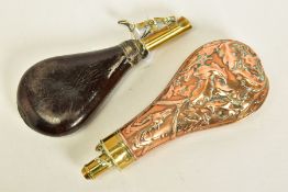 A LEATHER SHOT FLASK, where its brass adjustable nozzle has been glued to the leather shot bag and