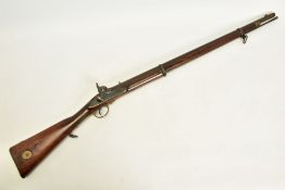 AN ANTIQUE 15 BORE TWO BAND MODEL P53 PERCUSSION MUSKET, smooth bored for issue to Indian troops,