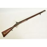 AN ANTIQUE 15 BORE TWO BAND MODEL P53 PERCUSSION MUSKET, smooth bored for issue to Indian troops,
