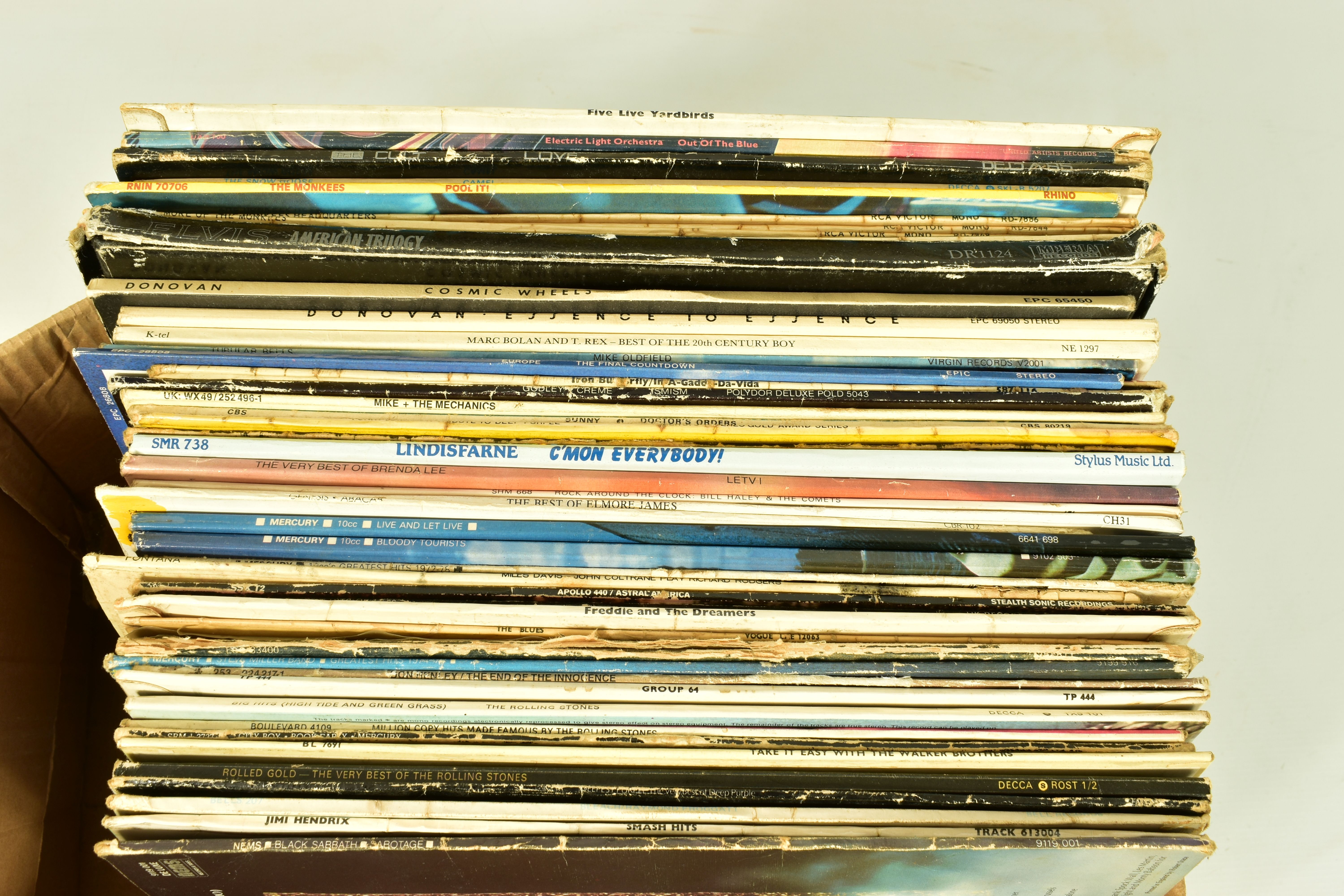 A BOX CONTAINING APPROX FIFTY LPs OF MOSTLY ROCK MUSIC including The Yardbirds, The Rolling Stones