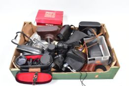 A TRAY CONTAINING CAMERA AND OPTICAL EQUIPMENT including an Olympus 35LC in case with original