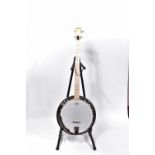 AN OZARK FIVE STRING BANJO with Maple back, sides, neck and fingerboard, dot inlays, brown