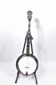 A DELTA BLUE FIVE STRING BANJO with fiddle mahogany back, mahogany sides and neck, ebony fingerboard