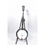 A DELTA BLUE FIVE STRING BANJO with fiddle mahogany back, mahogany sides and neck, ebony fingerboard