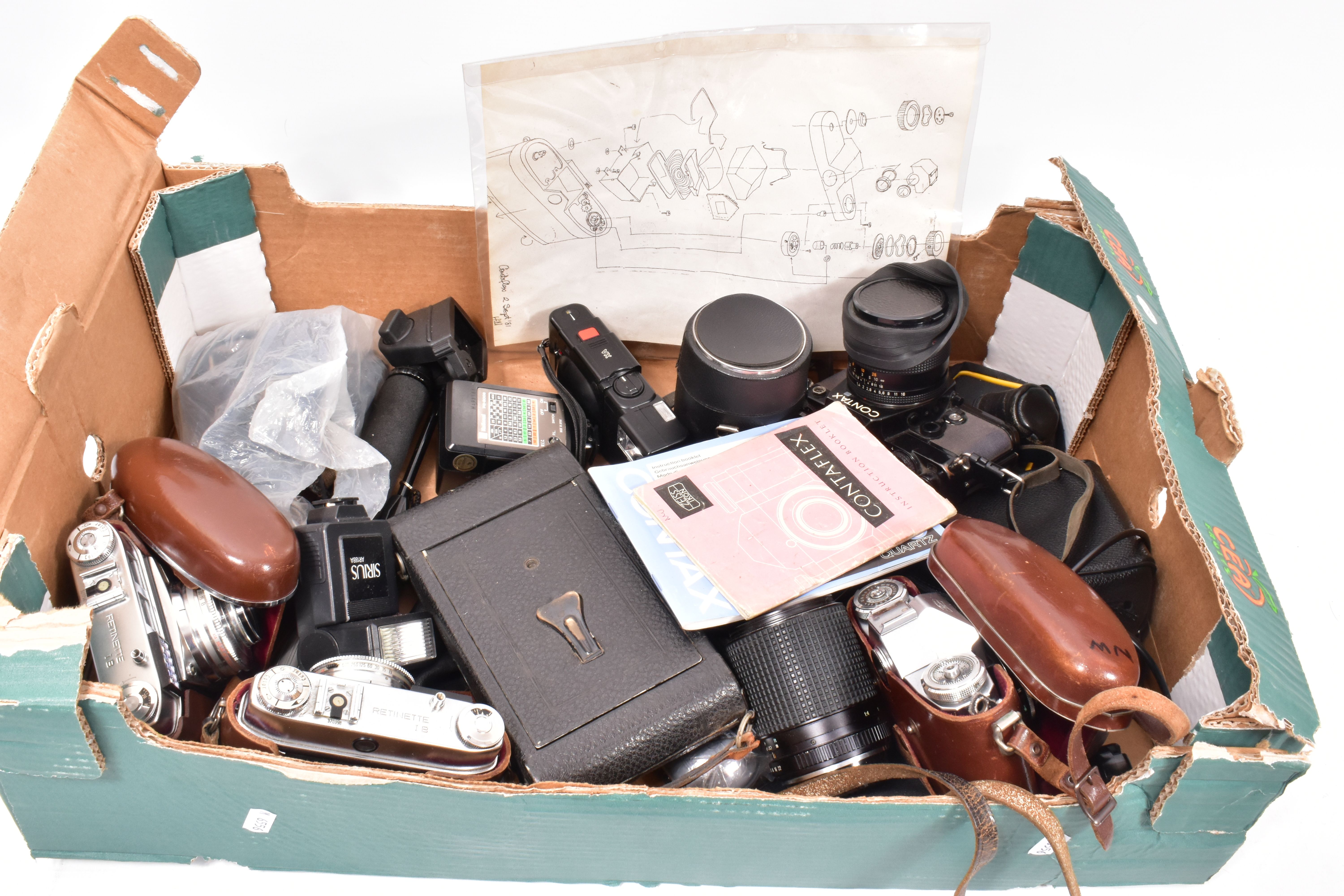 A TRAY CONTAINING CAMERAS AND EQUIPMENT including a Contax 139 Quartz with manual fitted with a Carl