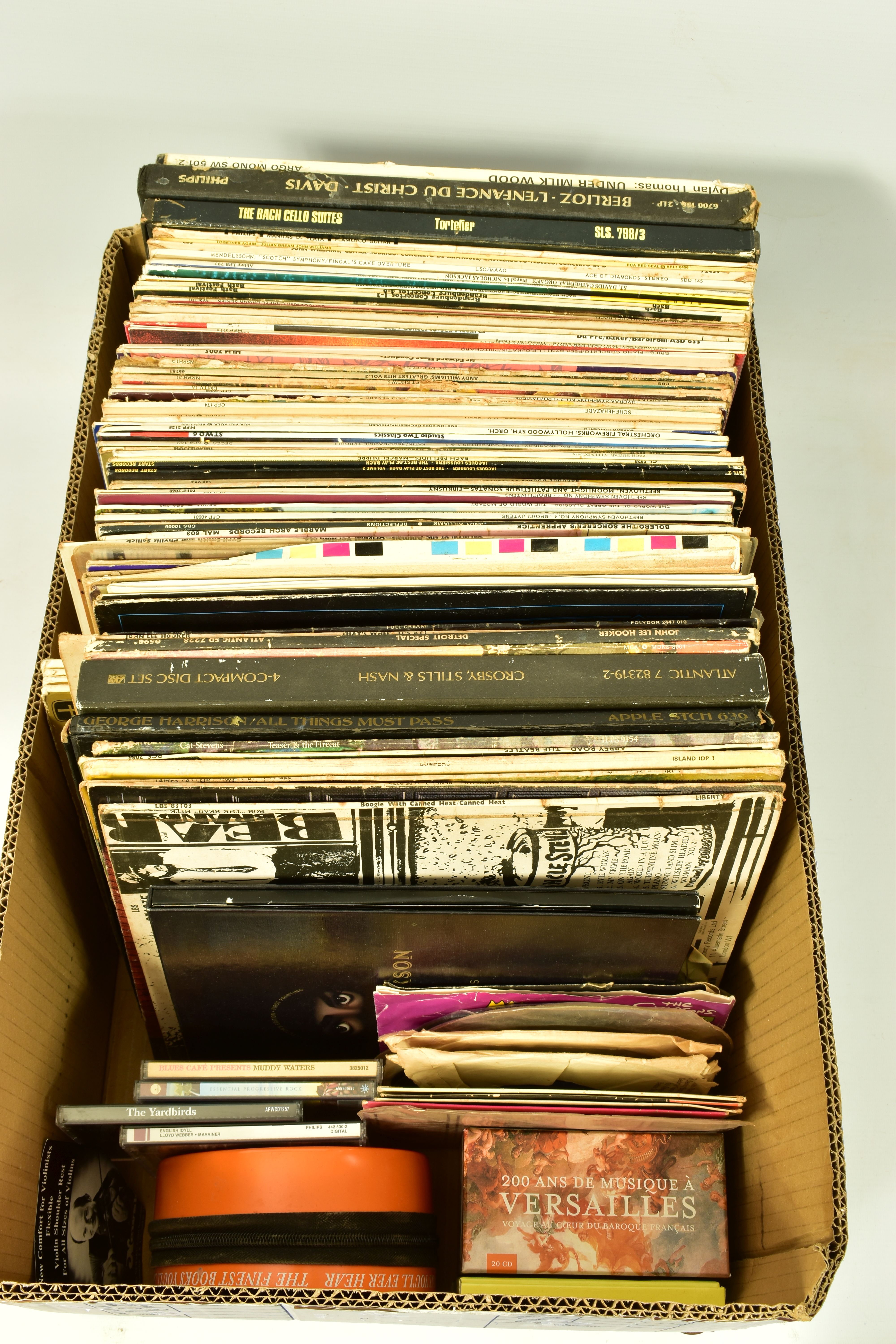 A TRAY CONTAINING LPs , SINGLES, CDs of mostly classical music but other items of note are thats