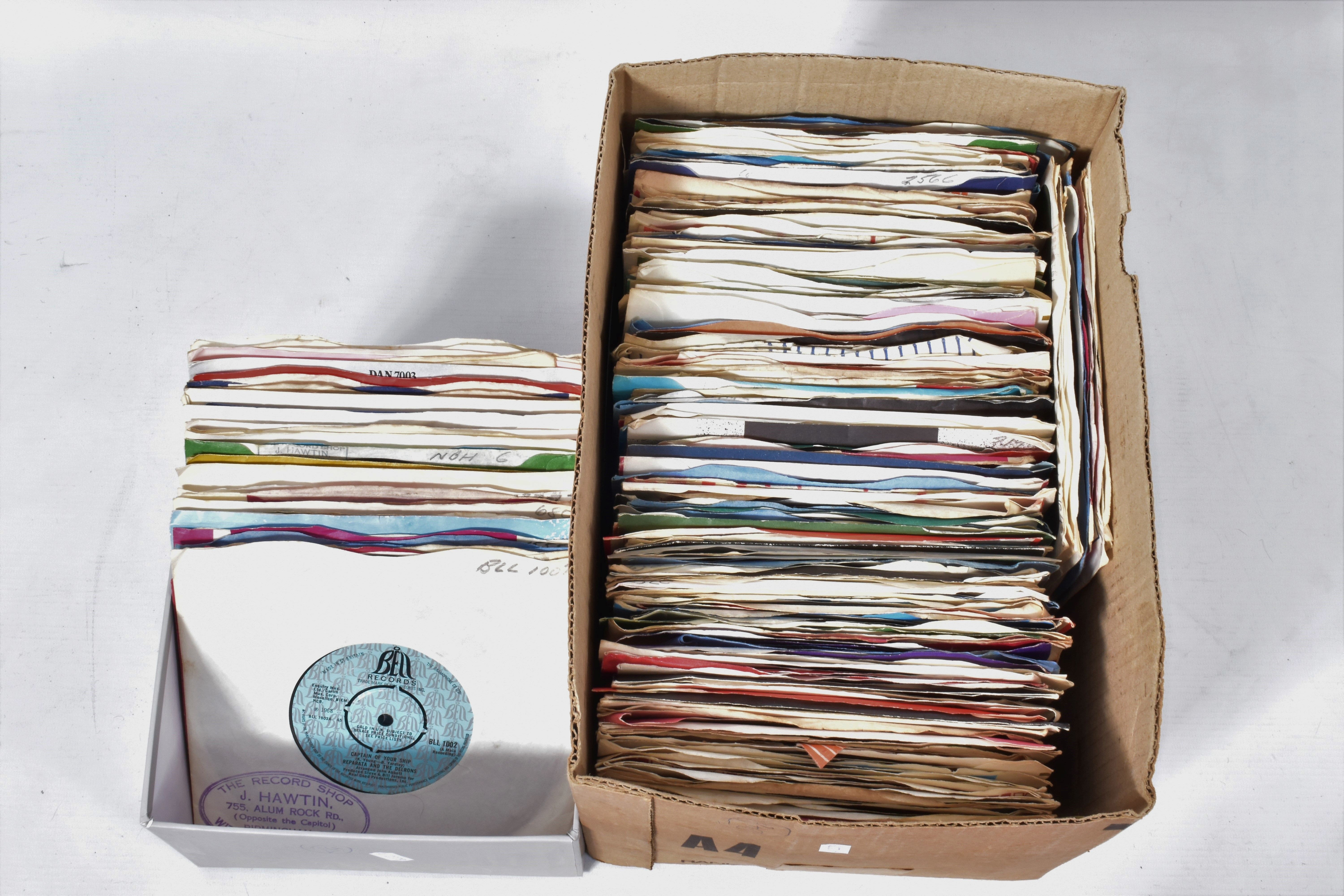 TWO TRAYS CONTAINING OVER TWO HUNDRED 7in SINGLES by artists such as The Kinks, The Beatles, The