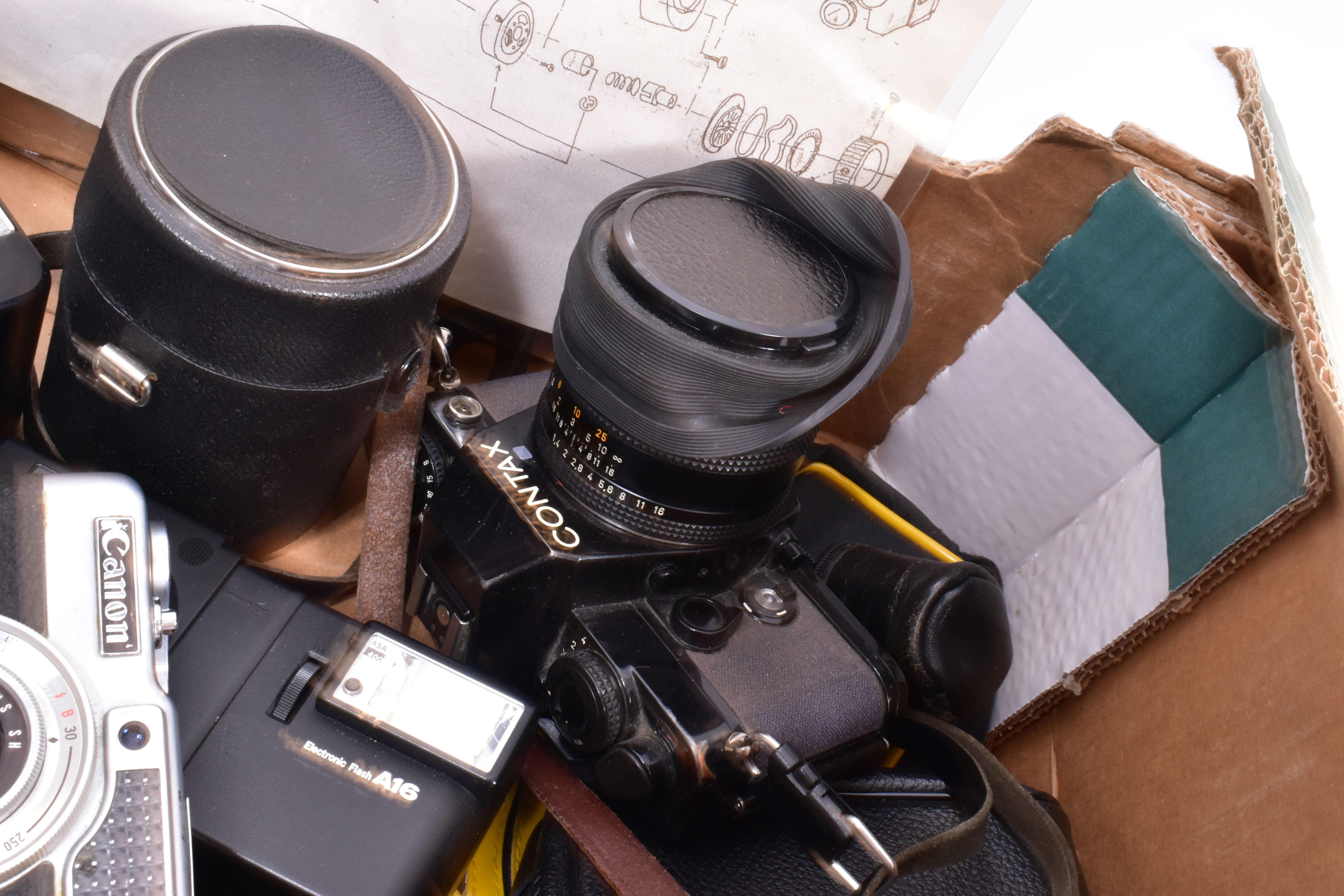 A TRAY CONTAINING CAMERAS AND EQUIPMENT including a Contax 139 Quartz with manual fitted with a Carl - Image 5 of 8