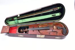 A POSSIBLE 18th CENTURY VIOLIN with one piece back length 14in, spruce table ( a number of