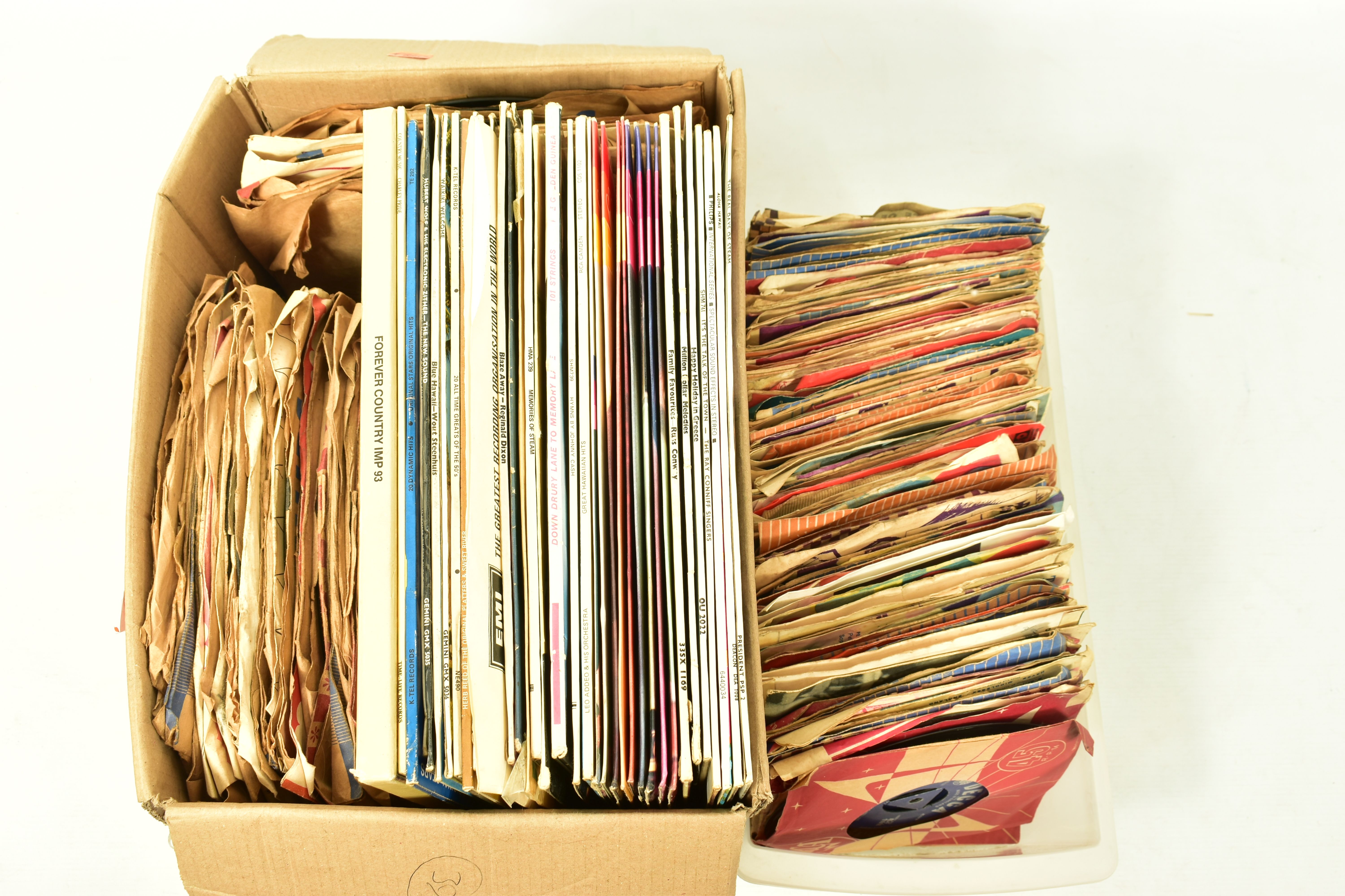 TWO TRAYS CONTAINING OVER SIXTY 78s, THIRTY SIX LPs AND OVER ONE HUNDRED SINGLES by artists such