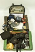 TWO TRAYS CONTAINIG DIGITAL, FILM AND VIDEO CAMERAS AND EQUIPMENT including a Canon Ixus 220HS in