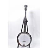 AN OZARK FIVE STRING BANJO with mahogany back, sides and neck, ebony fingerboard with shaped