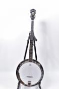 AN OZARK FIVE STRING BANJO with mahogany back, sides and neck, ebony fingerboard with shaped